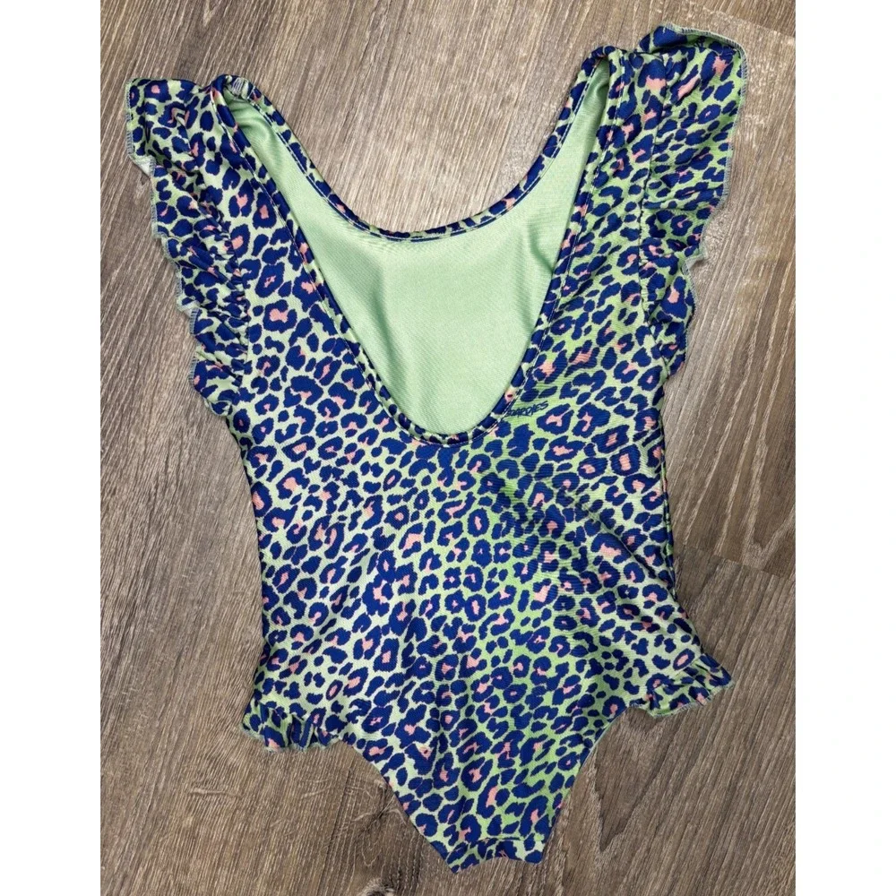 Boardies Toddler Girl Animal Print Ruffle Sleeve Swimsuit Green Blue Pink Sz 5/6